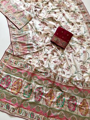 White Color Jaqurad Weaving All Over Body Jaal With Border Naylon Dola Pashmina Silk Saree 4