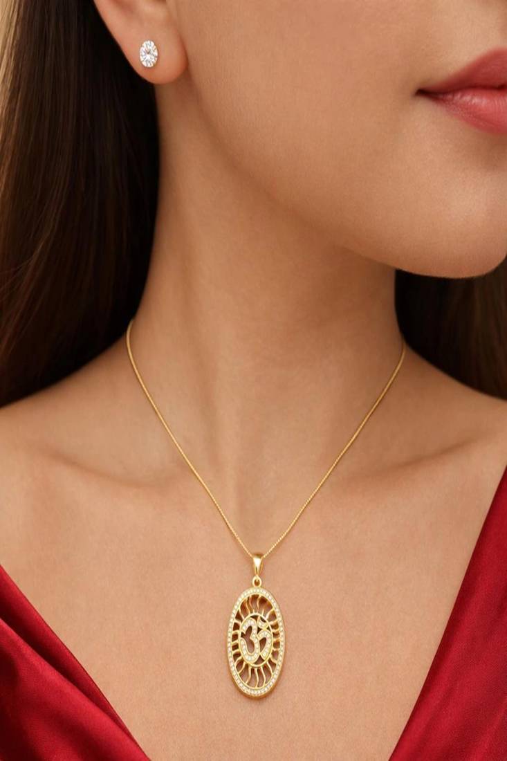 Gold Plated Om Sunburst Pendant Necklace & Stud Earrings 