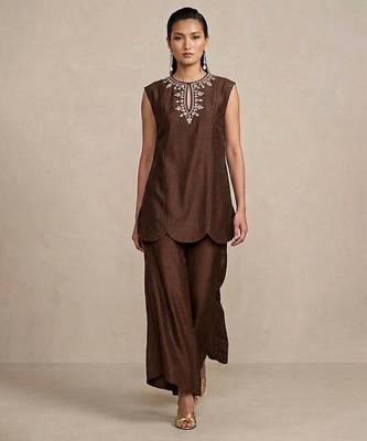 Brown embroidered raw silk co ord set 1