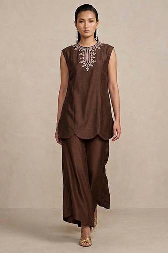 Brown embroidered raw silk co ord set
