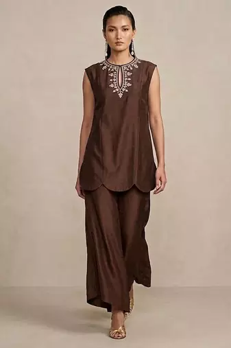 Brown embroidered raw silk co ord set