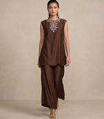 Brown embroidered raw silk co ord set