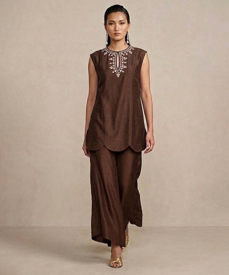 Brown embroidered raw silk co ord set