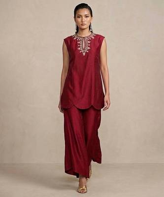 Maroon embroidered raw silk co ord set 1