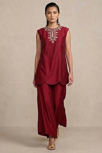Maroon embroidered raw silk co ord set