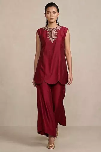 Maroon embroidered raw silk co ord set