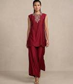 Maroon embroidered raw silk co ord set