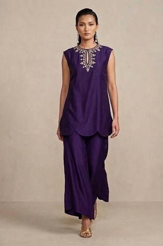 Royal purple embroidered raw silk co ord set