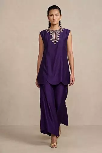 Royal purple embroidered raw silk co ord set