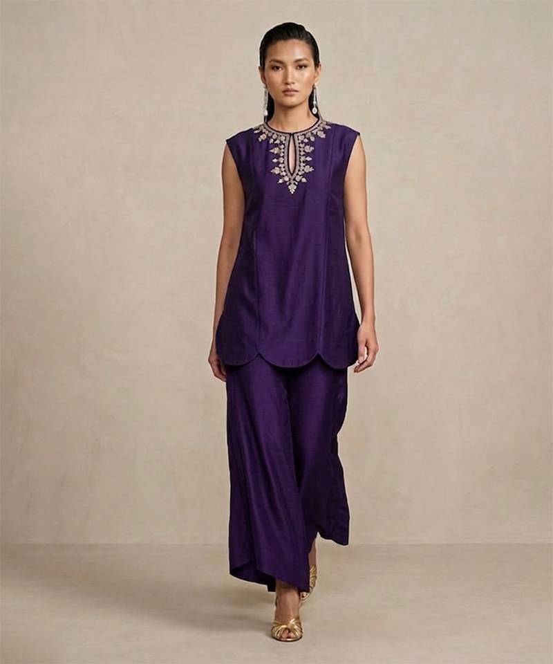 Royal purple embroidered raw silk co ord set