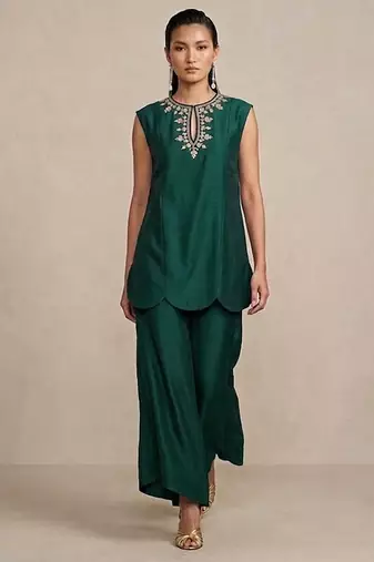 Emerald green embroidered raw silk co ord set