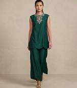 Emerald green embroidered raw silk co ord set