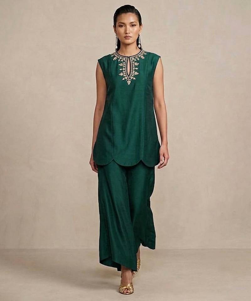 Emerald green embroidered raw silk co ord set