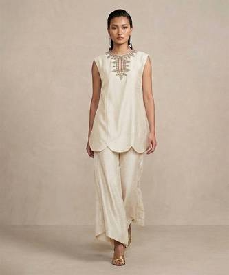 Ivory embroidered raw silk co ord set 1