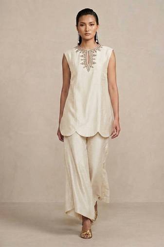 Ivory embroidered raw silk co ord set