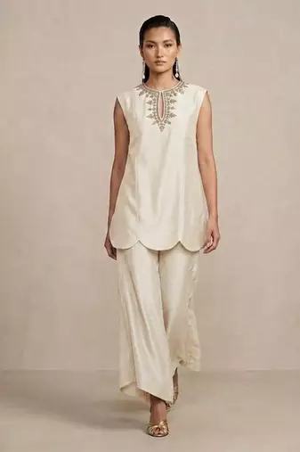 Ivory embroidered raw silk co ord set