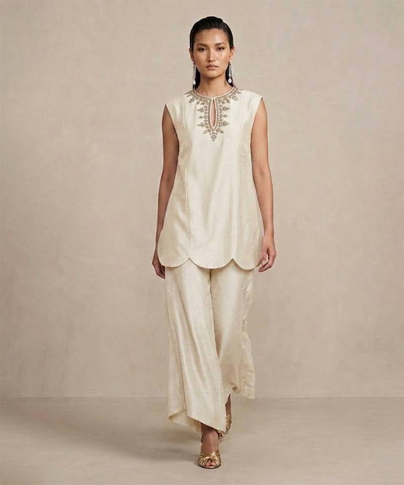 Ivory embroidered raw silk co ord set