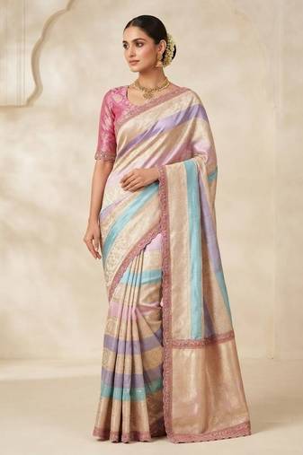 Cream-Baby Pink Siquence Embroidery Cut Lace Fitting Viscos Mx Jari Viscos Mx Jari Dola Silk Saree
