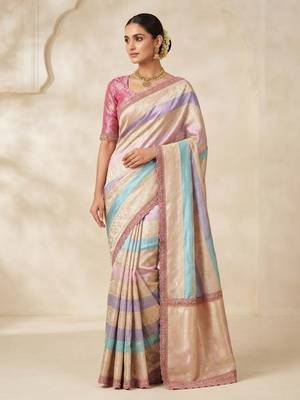 Cream-Baby Pink Color Siquence Embroidery Cut Work Lace Fitting Viscos Mx Jari Viscos Mx Jari Dola Silk Saree 1