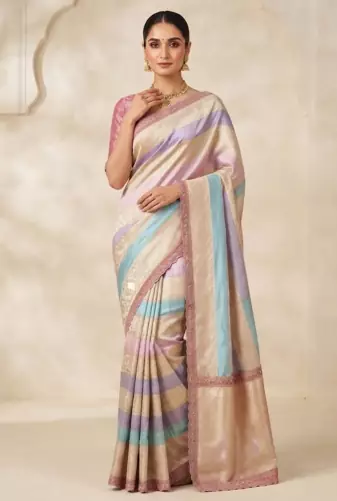 Cream-Baby Pink Color Siquence Embroidery Cut Work Lace Fitting Viscos Mx Jari Viscos Mx Jari Dola Silk Saree