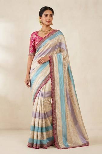 Cream-Pink Color Siquence Embroidery Cut Work Lace Fitting Viscos Mx Jari Viscos Mx Jari Dola Silk Saree