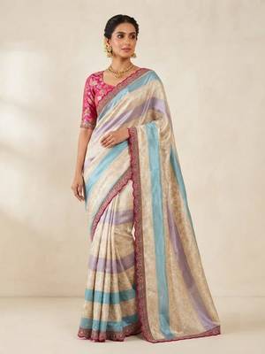 Cream-Pink Color Siquence Embroidery Cut Work Lace Fitting Viscos Mx Jari Viscos Mx Jari Dola Silk Saree 1