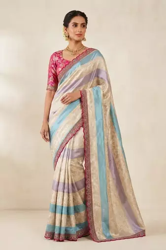 Cream-Pink Color Siquence Embroidery Cut Work Lace Fitting Viscos Mx Jari Viscos Mx Jari Dola Silk Saree