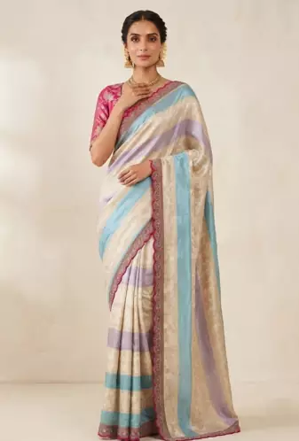 Cream-Pink Color Siquence Embroidery Cut Work Lace Fitting Viscos Mx Jari Viscos Mx Jari Dola Silk Saree