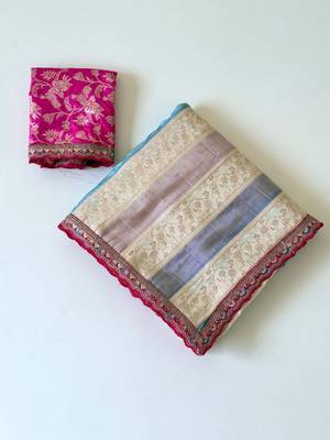 Cream-Pink Color Siquence Embroidery Cut Work Lace Fitting Viscos Mx Jari Viscos Mx Jari Dola Silk Saree 3
