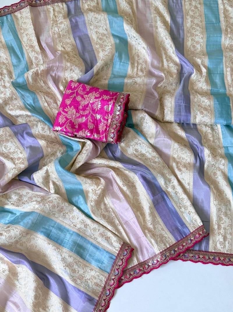 Cream-Pink Color Siquence Embroidery Cut Work Lace Fitting Viscos Mx Jari Viscos Mx Jari Dola Silk Saree