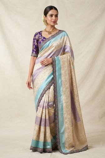 Cream-Purple Color Siquence Embroidery Cut Work Lace Fitting Viscos Mx Jari Viscos Mx Jari Dola Silk Saree