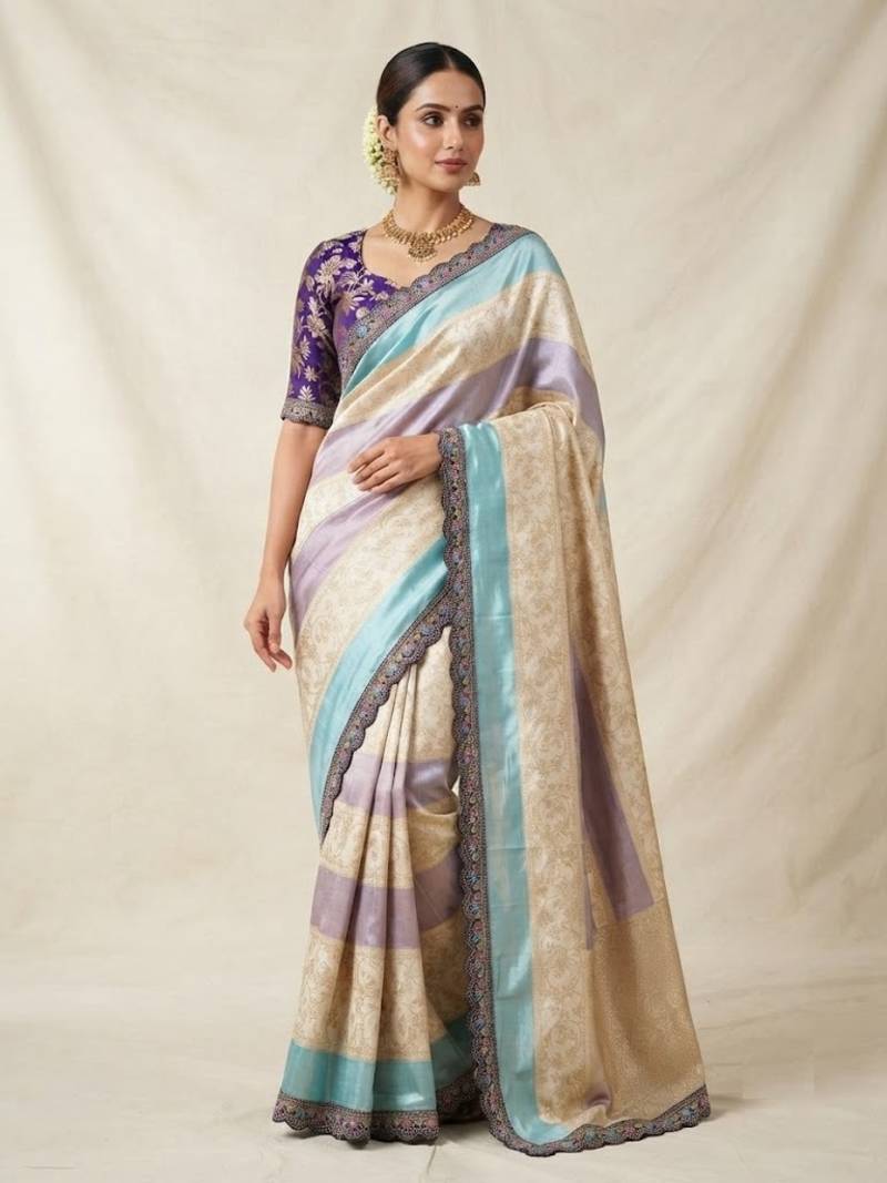 Cream-Purple Color Siquence Embroidery Cut Work Lace Fitting Viscos Mx Jari Viscos Mx Jari Dola Silk Saree