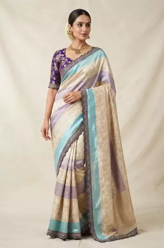 Cream-Purple Color Siquence Embroidery Cut Work Lace Fitting Viscos Mx Jari Viscos Mx Jari Dola Silk Saree