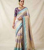 Cream-Purple Color Siquence Embroidery Cut Work Lace Fitting Viscos Mx Jari Viscos Mx Jari Dola Silk Saree