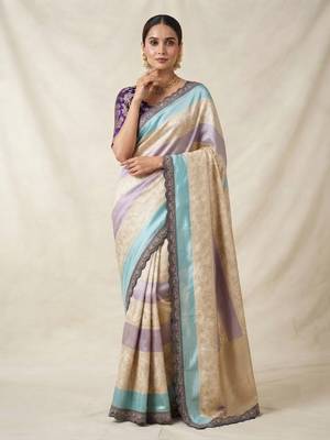 Cream-Purple Color Siquence Embroidery Cut Work Lace Fitting Viscos Mx Jari Viscos Mx Jari Dola Silk Saree 2