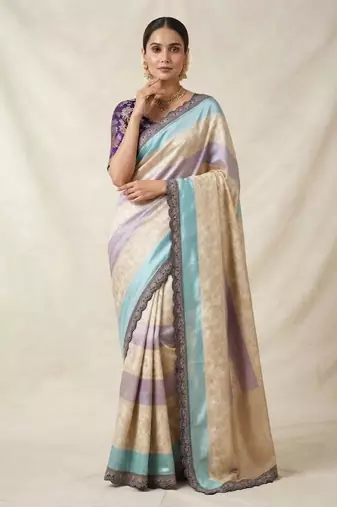 Cream-Purple Color Siquence Embroidery Cut Work Lace Fitting Viscos Mx Jari Viscos Mx Jari Dola Silk Saree