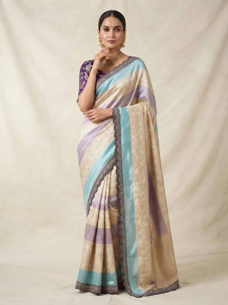 Cream-Purple Color Siquence Embroidery Cut Work Lace Fitting Viscos Mx Jari Viscos Mx Jari Dola Silk Saree