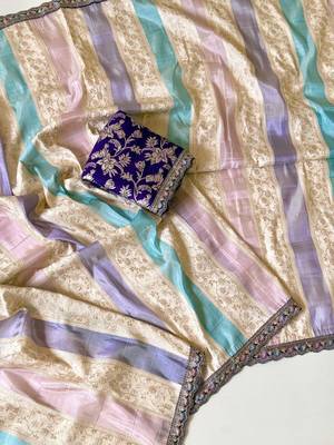 Cream-Purple Color Siquence Embroidery Cut Work Lace Fitting Viscos Mx Jari Viscos Mx Jari Dola Silk Saree 3