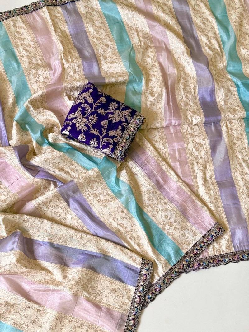 Cream-Purple Color Siquence Embroidery Cut Work Lace Fitting Viscos Mx Jari Viscos Mx Jari Dola Silk Saree