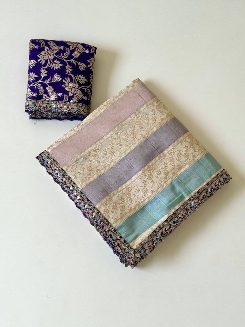Cream-Purple Color Siquence Embroidery Cut Work Lace Fitting Viscos Mx Jari Viscos Mx Jari Dola Silk Saree