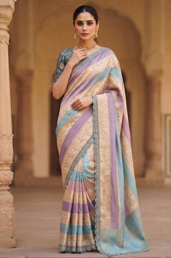 Cream-Sky Blue Color Siquence Embroidery Cut Work Lace Fitting Viscos Mx Jari Viscos Mx Jari Dola Silk Saree