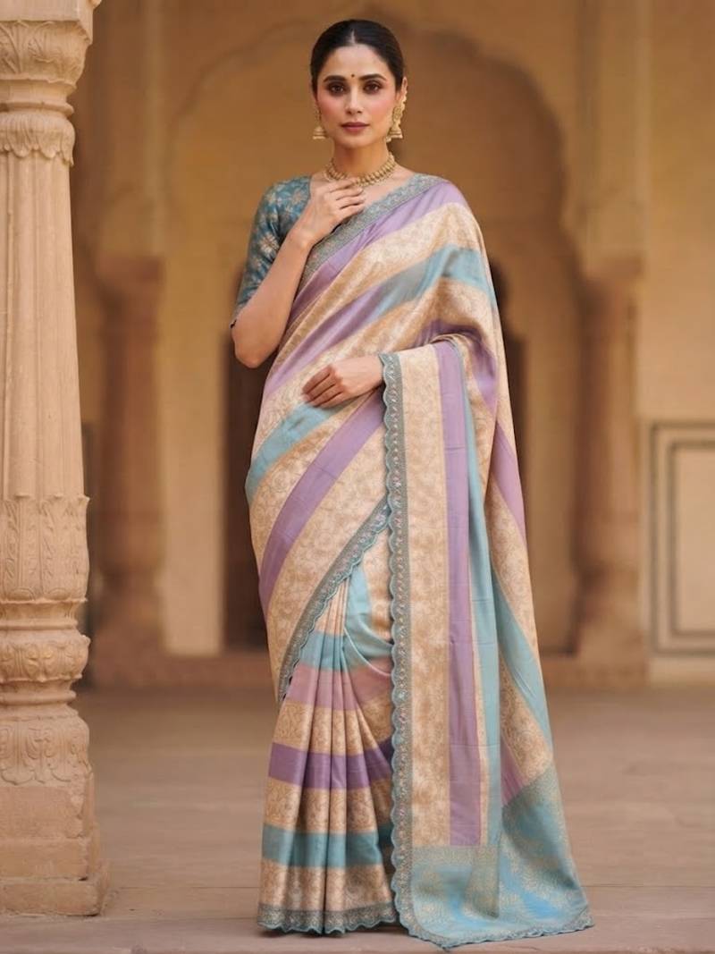 Cream-Sky Blue Color Siquence Embroidery Cut Work Lace Fitting Viscos Mx Jari Viscos Mx Jari Dola Silk Saree