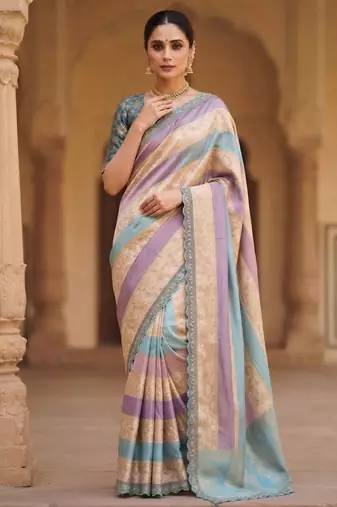 Cream-Sky Blue Color Siquence Embroidery Cut Work Lace Fitting Viscos Mx Jari Viscos Mx Jari Dola Silk Saree