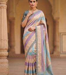 Cream-Sky Blue Color Siquence Embroidery Cut Work Lace Fitting Viscos Mx Jari Viscos Mx Jari Dola Silk Saree
