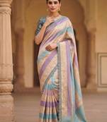Cream-Sky Blue Color Siquence Embroidery Cut Work Lace Fitting Viscos Mx Jari Viscos Mx Jari Dola Silk Saree