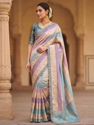 Cream-Sky Blue Color Siquence Embroidery Cut Work Lace Fitting Viscos Mx Jari Viscos Mx Jari Dola Silk Saree 2