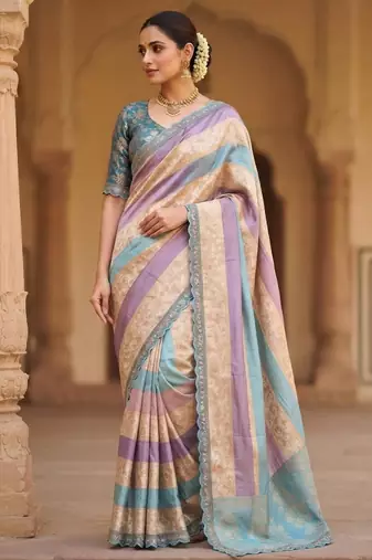 Cream-Sky Blue Color Siquence Embroidery Cut Work Lace Fitting Viscos Mx Jari Viscos Mx Jari Dola Silk Saree