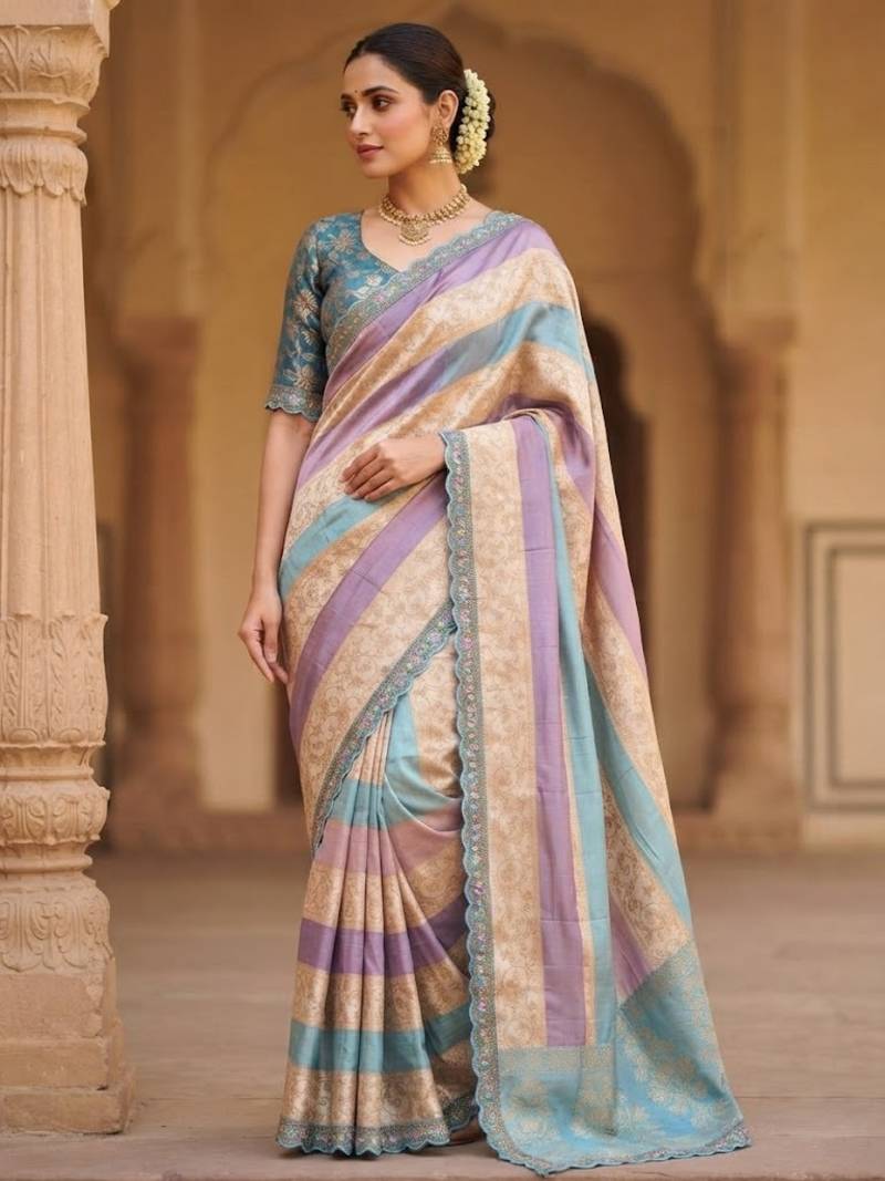 Cream-Sky Blue Color Siquence Embroidery Cut Work Lace Fitting Viscos Mx Jari Viscos Mx Jari Dola Silk Saree