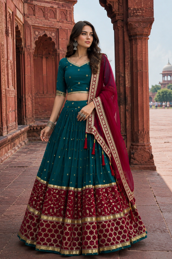Peacock Teal Fox Georgette Navratri Lehenga Choli with Embroidered Dupatta