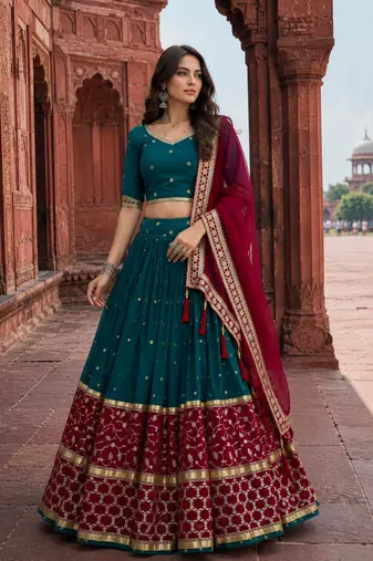 Peacock Teal Fox Georgette Navratri Lehenga Choli with Embroidered Dupatta